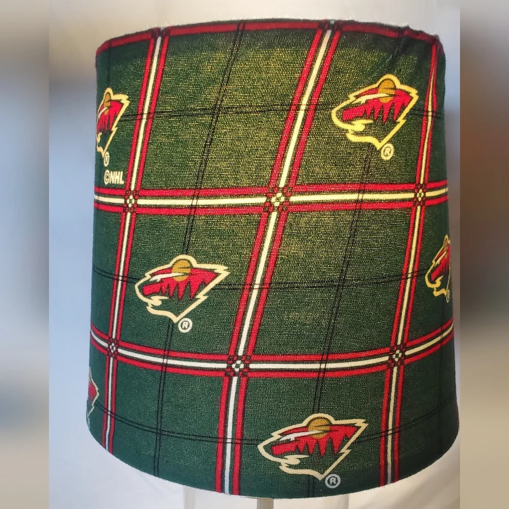 Minnesota Wild Green Plaid Table Lamp  Logo Fabric Shade Chrome Glass Base NHL
